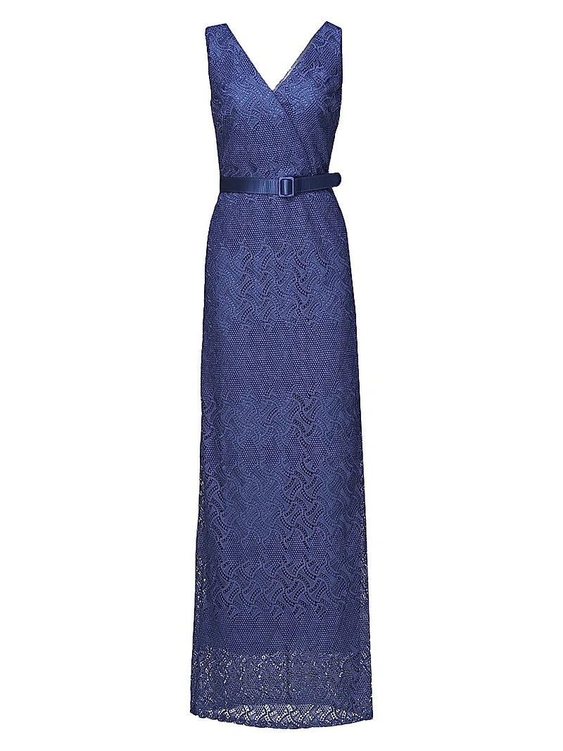 Hendrix Belted Lace Column Gown