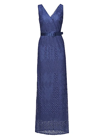 Hendrix Belted Lace Column Gown
