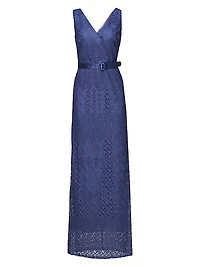 Hendrix Belted Lace Column Gown