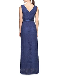Hendrix Belted Lace Column Gown