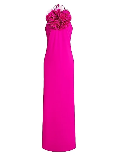 Onika Floral Appliqué Halter Gown