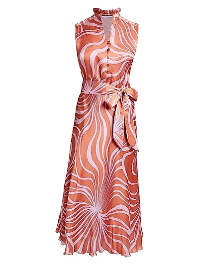 Printed Silk Tie-Waist Midi-Dress