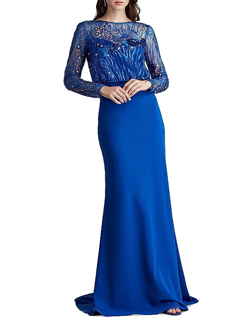 Sequined Lace Blouson Illusion Gown
