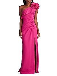 One-Shoulder Flower Detail Crepe Gown