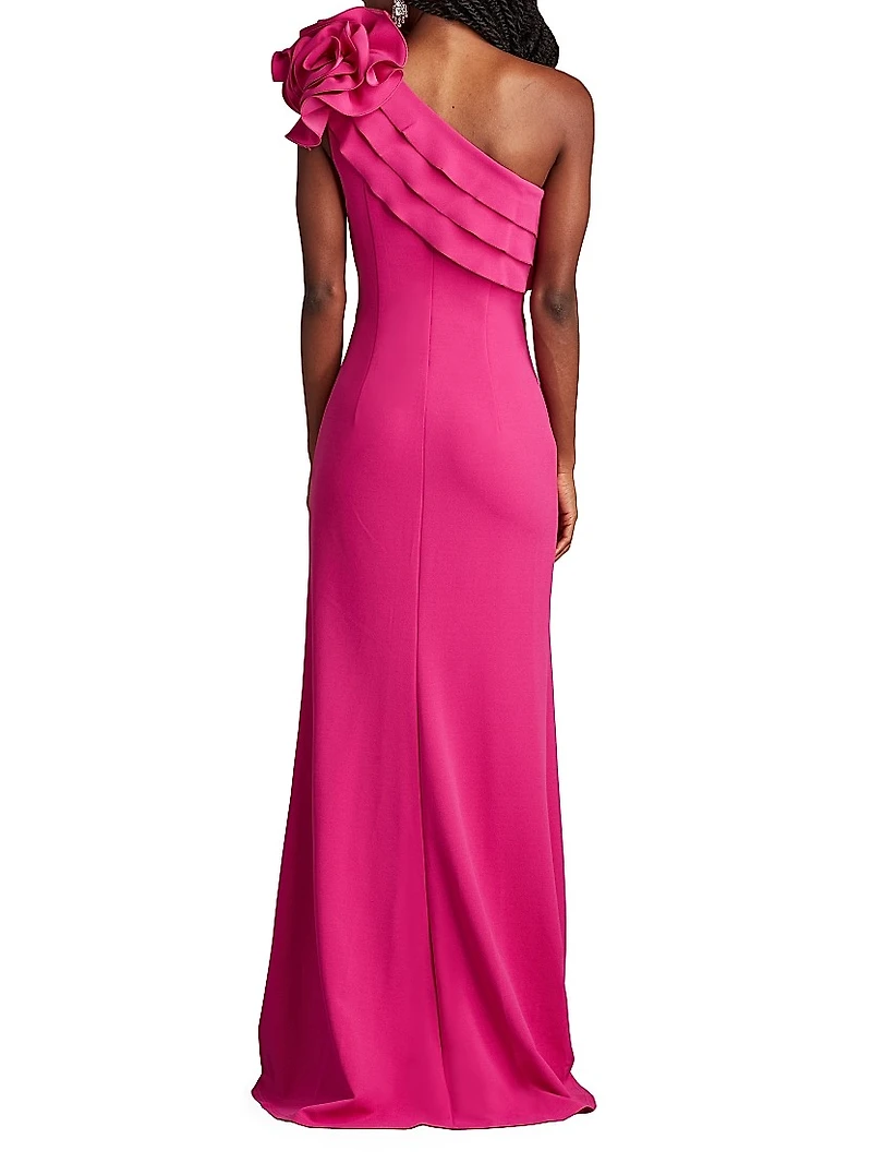One-Shoulder Flower Detail Crepe Gown