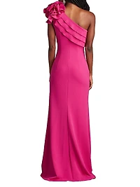 One-Shoulder Flower Detail Crepe Gown