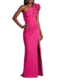 One-Shoulder Flower Detail Crepe Gown