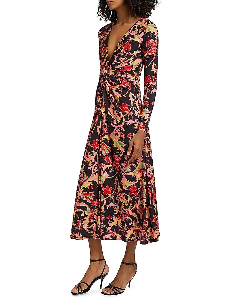 Leafy Twist-Front Midi-Dress
