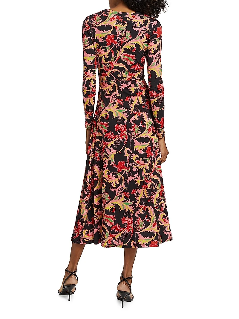 Leafy Twist-Front Midi-Dress
