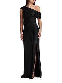 Metallic Jersey Off-the-Shoulder Column Gown