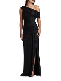 Metallic Jersey Off-the-Shoulder Column Gown