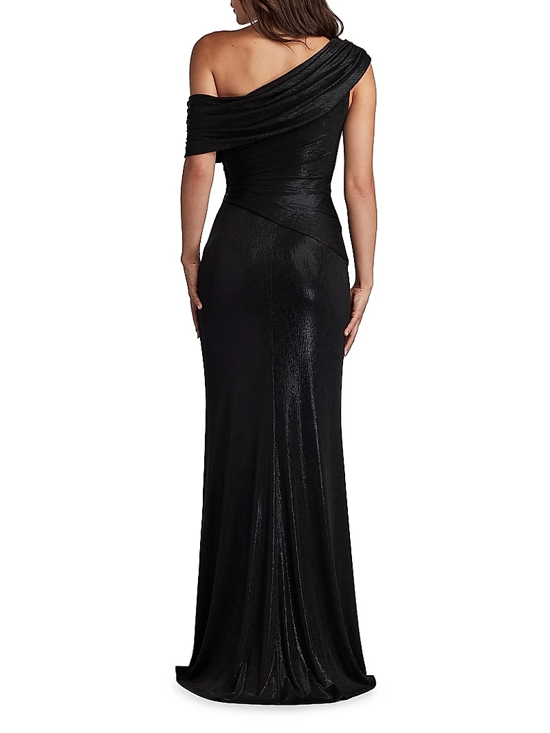 Metallic Jersey Off-the-Shoulder Column Gown