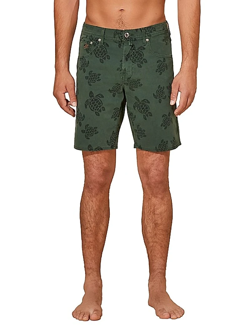 Garonne Sea-Turtle-Print Stretch-Denim Shorts