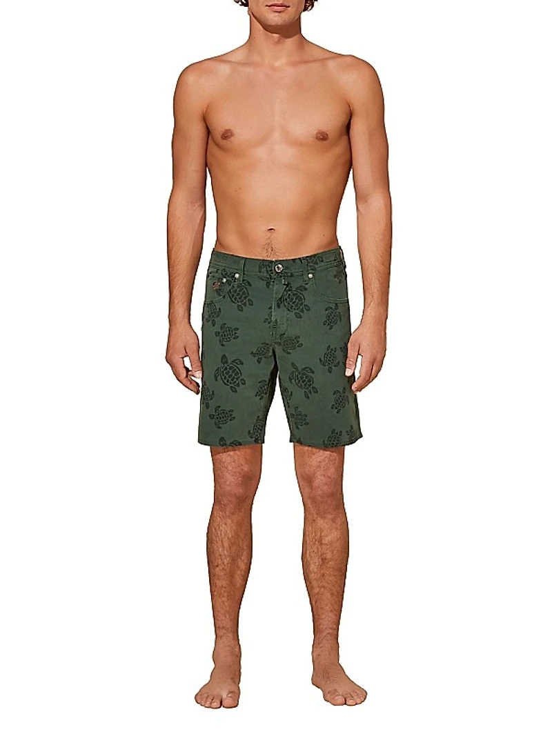 Garonne Sea-Turtle-Print Stretch-Denim Shorts