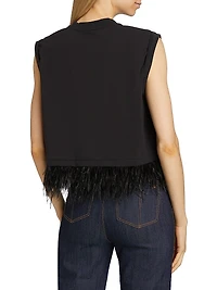 Feather-Trimmed Stretch-Cotton Crop T-Shirt
