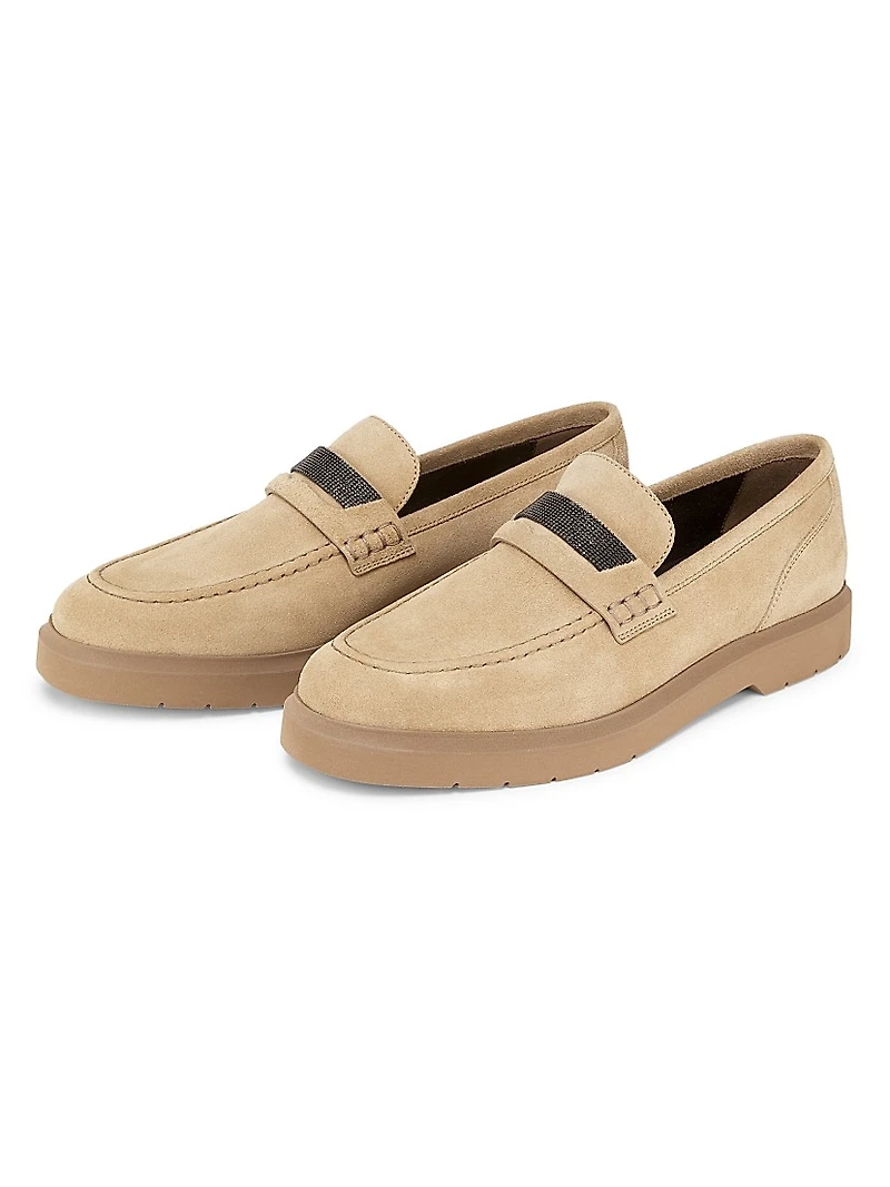 Monili-Beaded Suede Penny Loafers