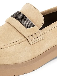 Monili-Beaded Suede Penny Loafers