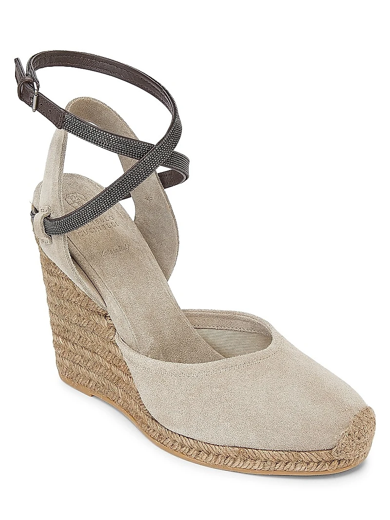 80MM Monili-Embellished Suede Espadrille Wedge Pumps