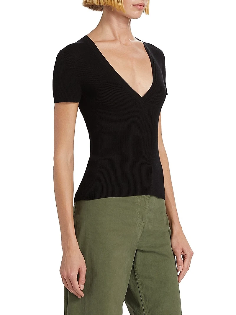 Italia Rib-Knit V-Neck Sweater