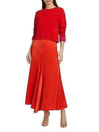Paulette Pleated Satin Midi-Skirt
