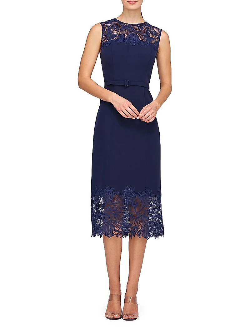 Jamie Lace-Trimmed Stretch Crepe Belted Midi-Dress