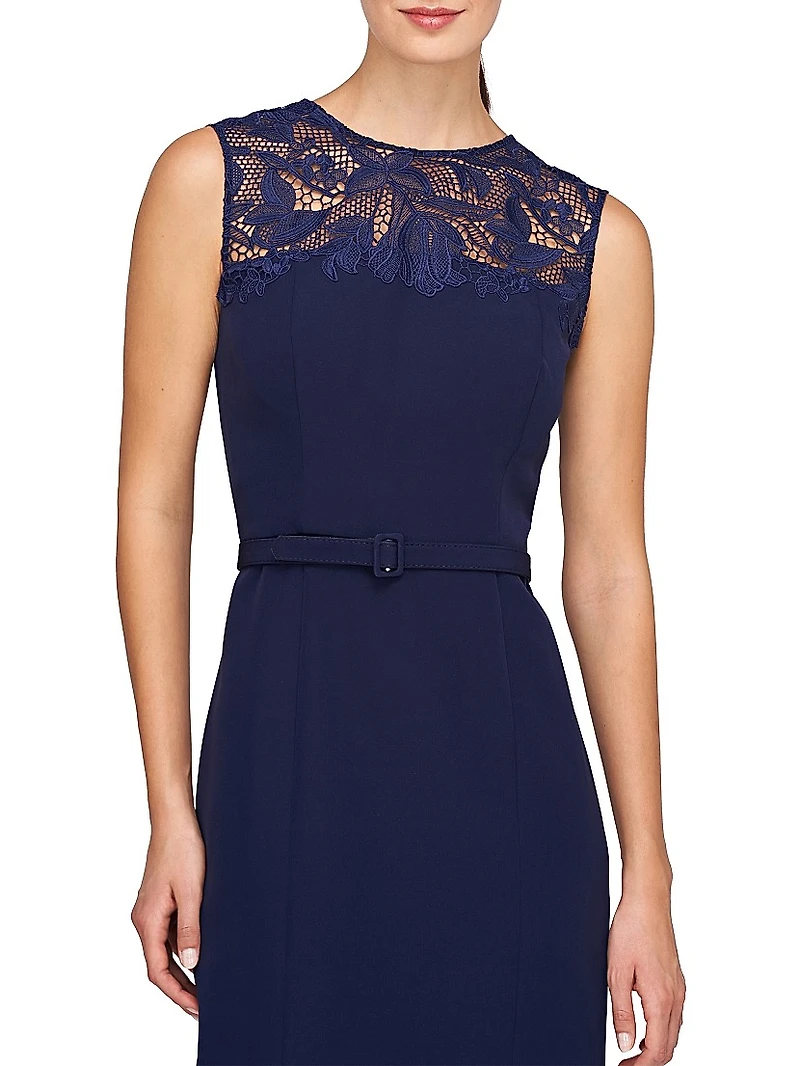 Jamie Lace-Trimmed Stretch Crepe Belted Midi-Dress