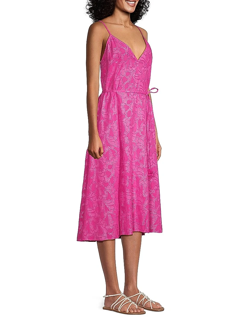 Shimmer Floral Tie-Waist Jacquard Slipdress