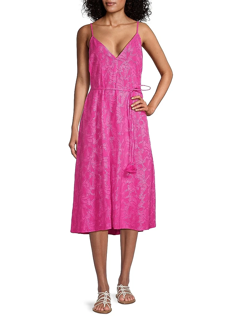 Shimmer Floral Tie-Waist Jacquard Slipdress