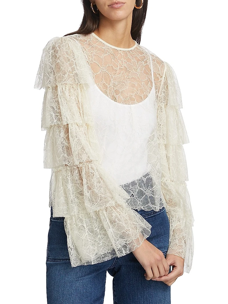 Lace Tiered Ruffled-Sleeve Blouse