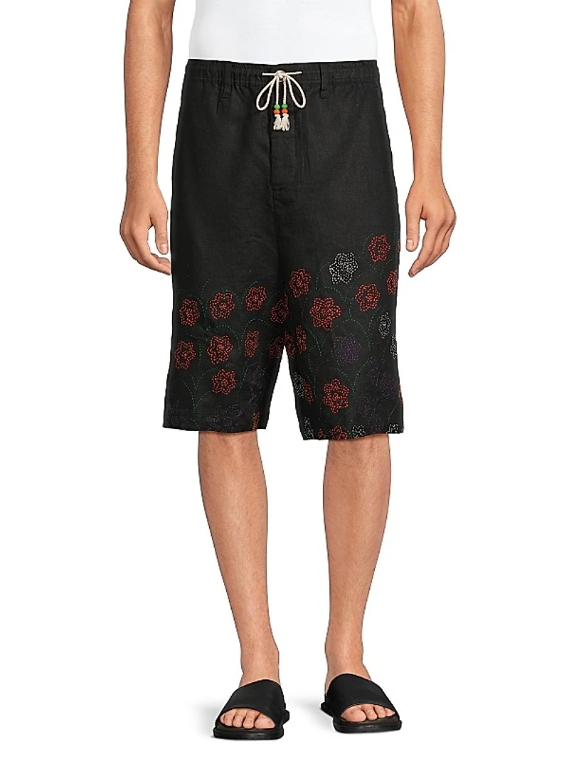 Embroidered Linen Shorts