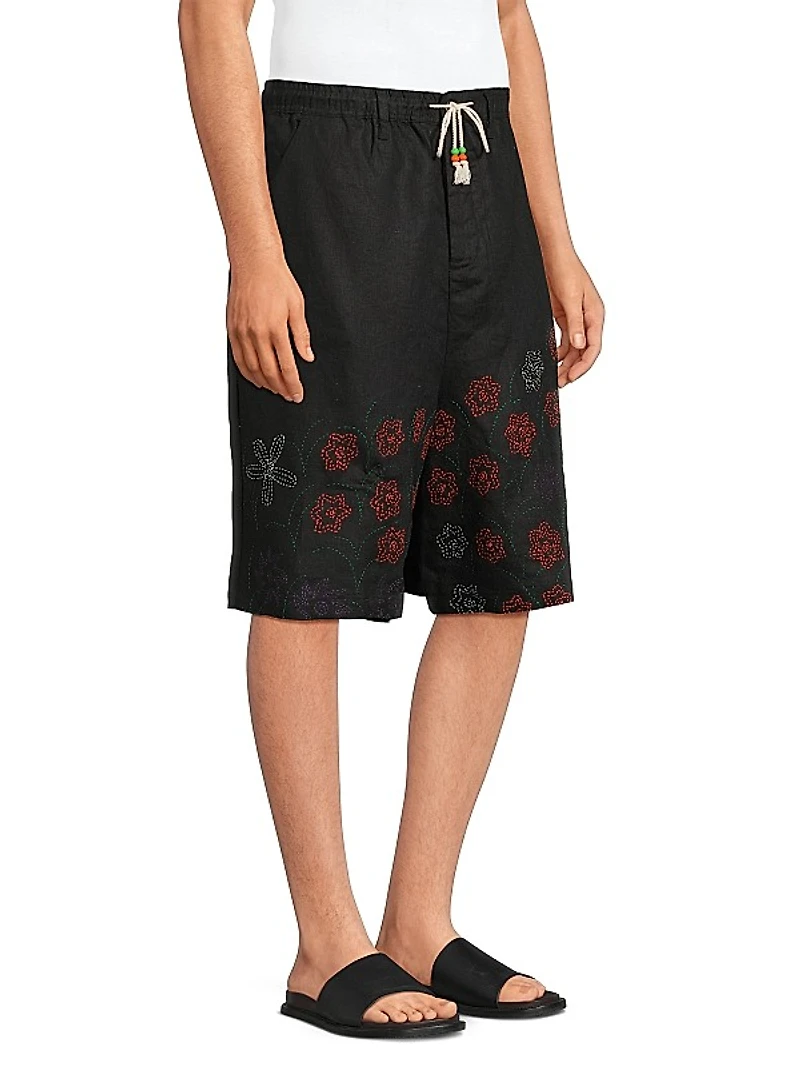 Embroidered Linen Shorts
