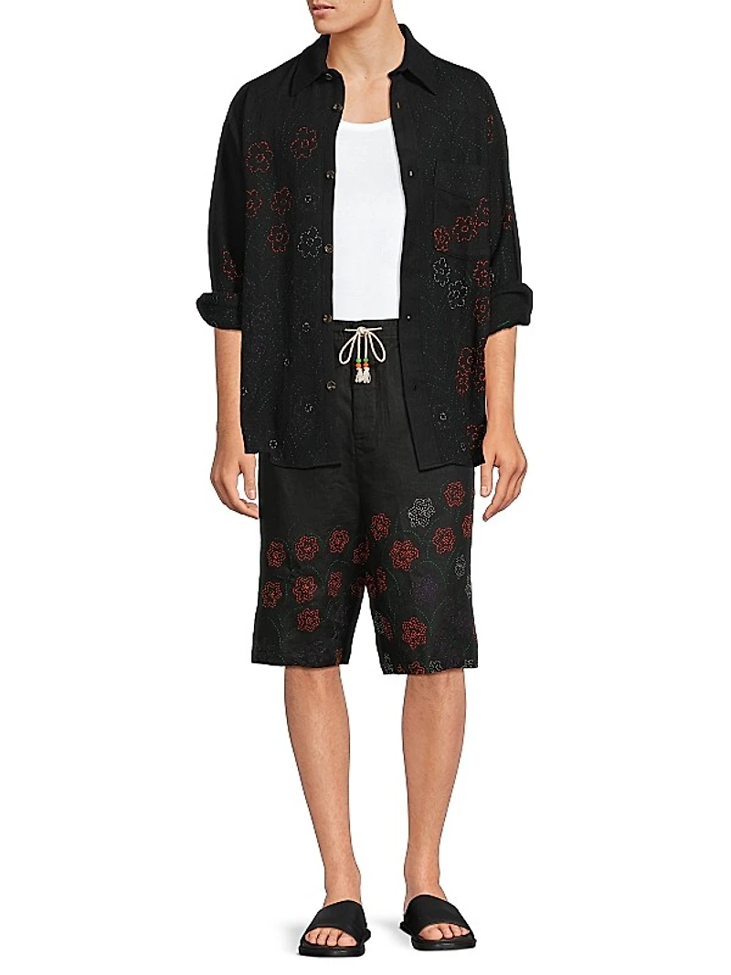 Embroidered Linen Shorts