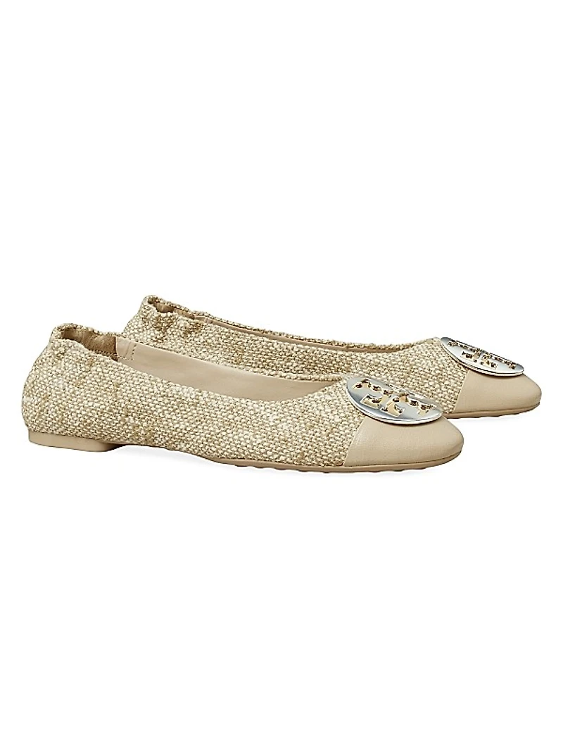 Claire Tweed & Leather Cap-Toe Ballet Flats