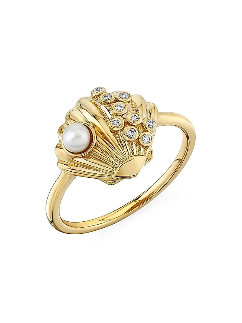 Under The Sea Clam Shell 14K Yellow Gold, Freshwater Pearl & 0.05 TCW Diamond Ring