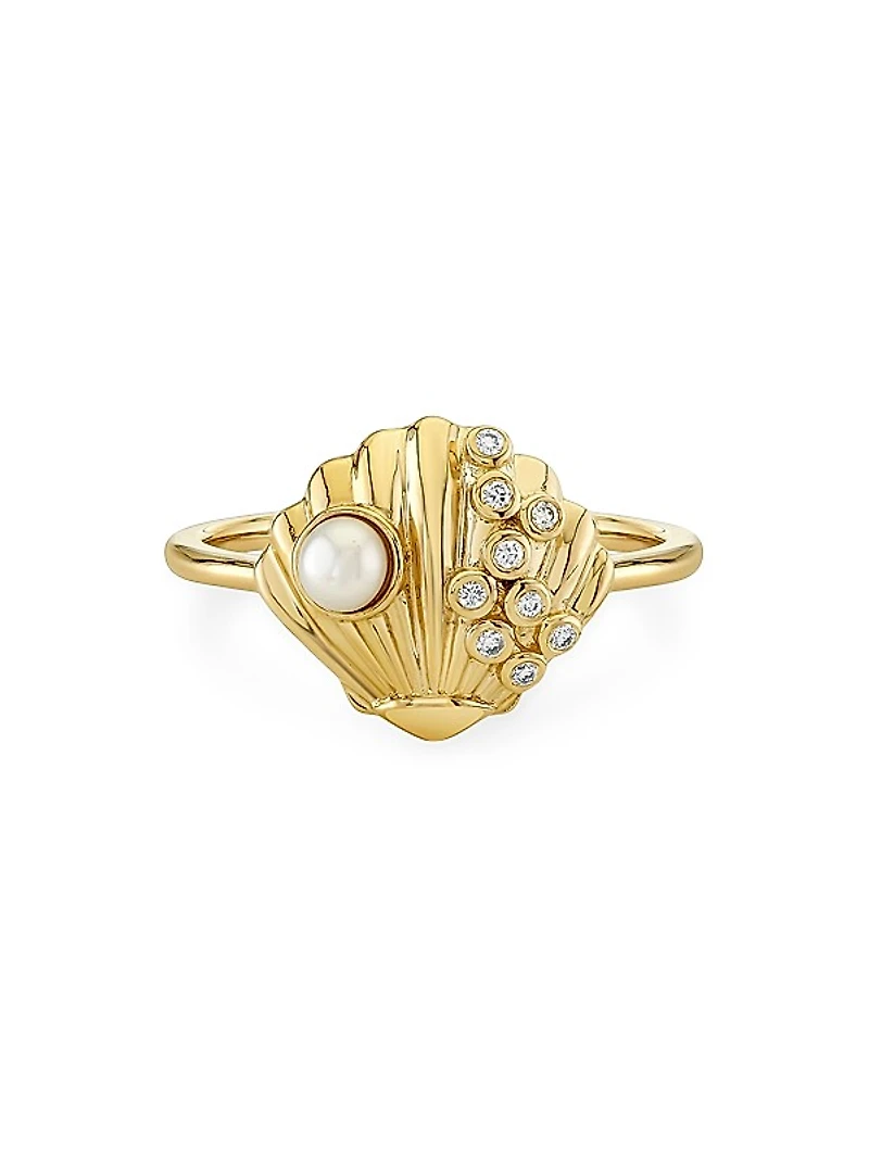 Under The Sea Clam Shell 14K Yellow Gold, Freshwater Pearl & 0.05 TCW Diamond Ring