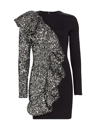 Sequin Ruffled Long-Sleeve Minidress