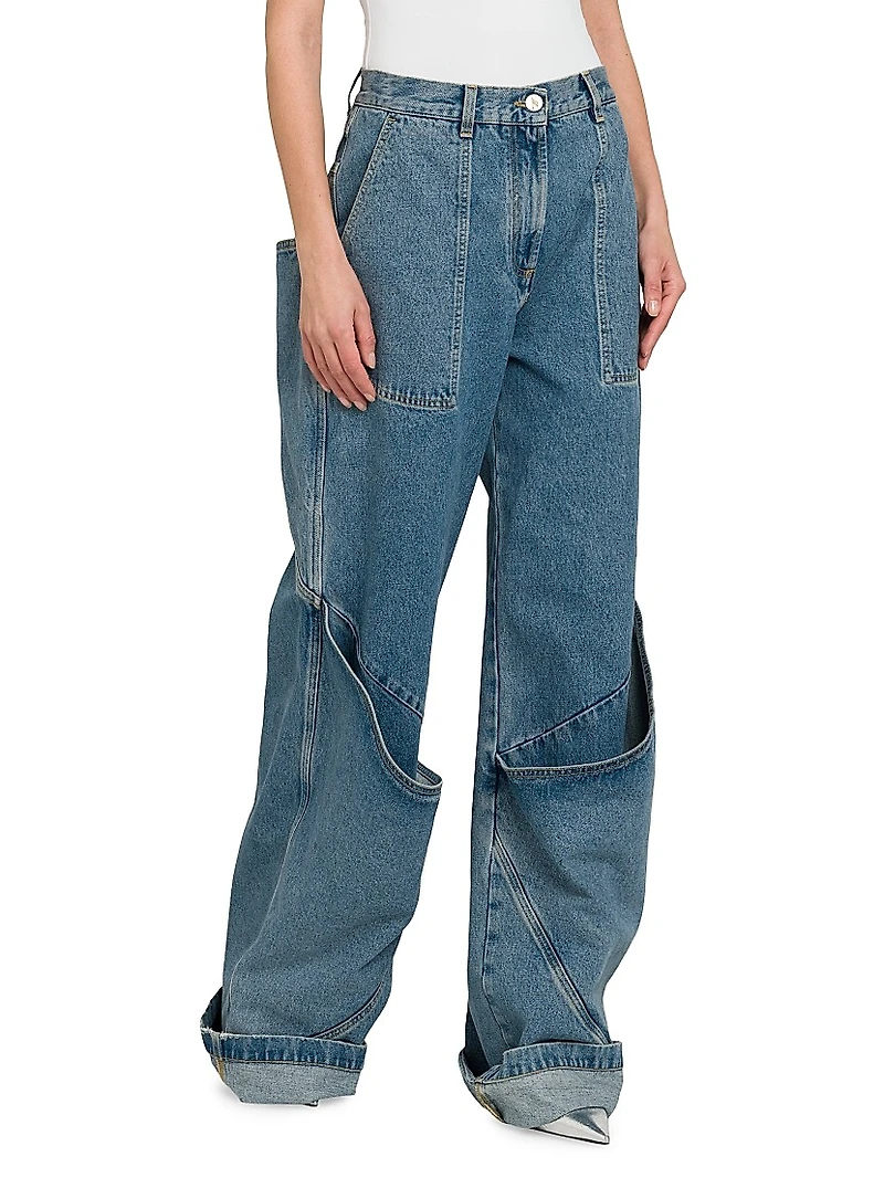 Seamed Drape Wide-Leg Jeans