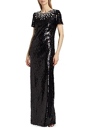 Embellished Neckline Sequined Gown
