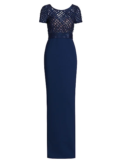 Embroidered Bodice Crepe Column Gown