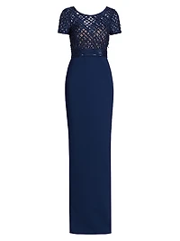 Embroidered Bodice Crepe Column Gown