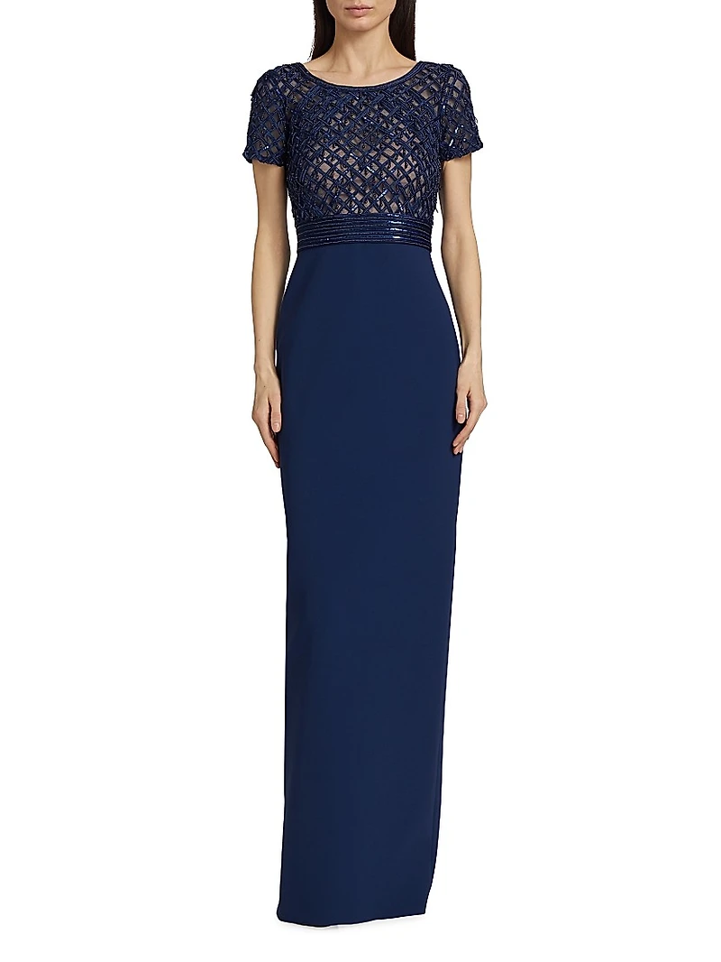 Embroidered Bodice Crepe Column Gown