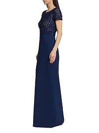 Embroidered Bodice Crepe Column Gown