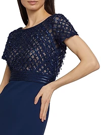 Embroidered Bodice Crepe Column Gown