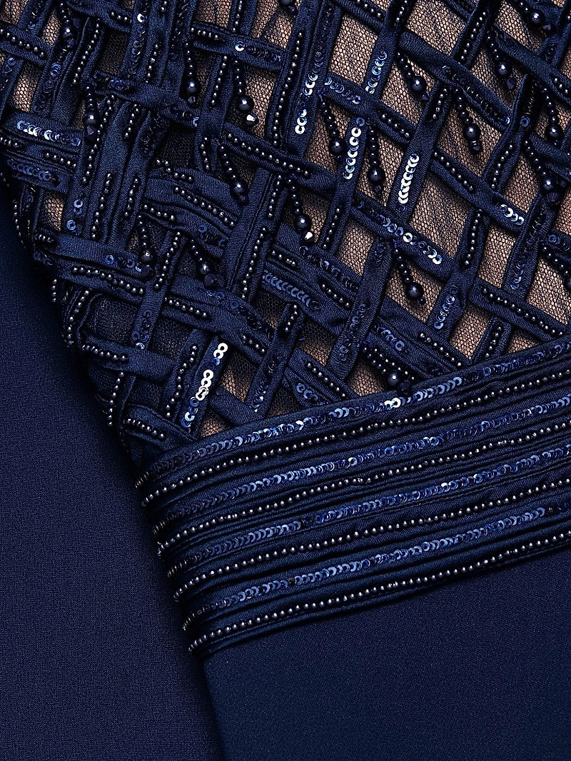 Embroidered Bodice Crepe Column Gown