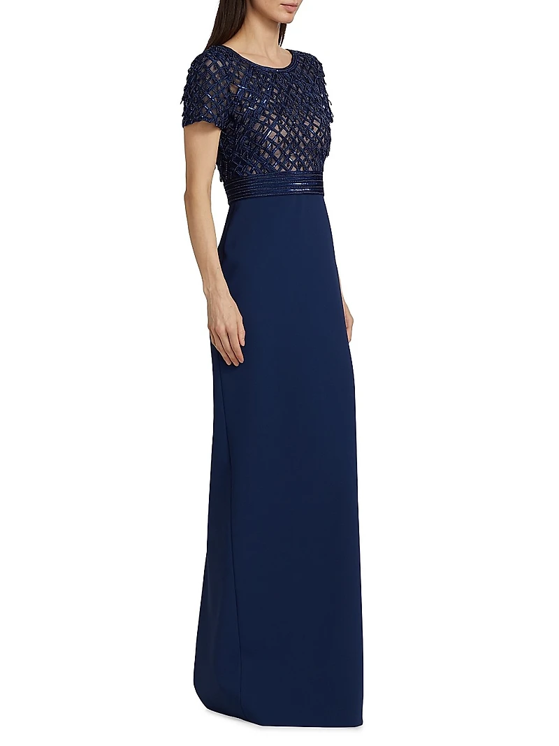Embroidered Bodice Crepe Column Gown