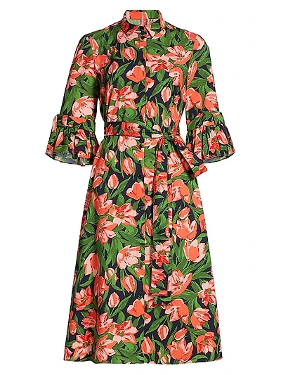 Tulip Stretch Cotton Bow-Sleeve Shirtdress