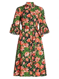 Tulip Stretch Cotton Bow-Sleeve Shirtdress