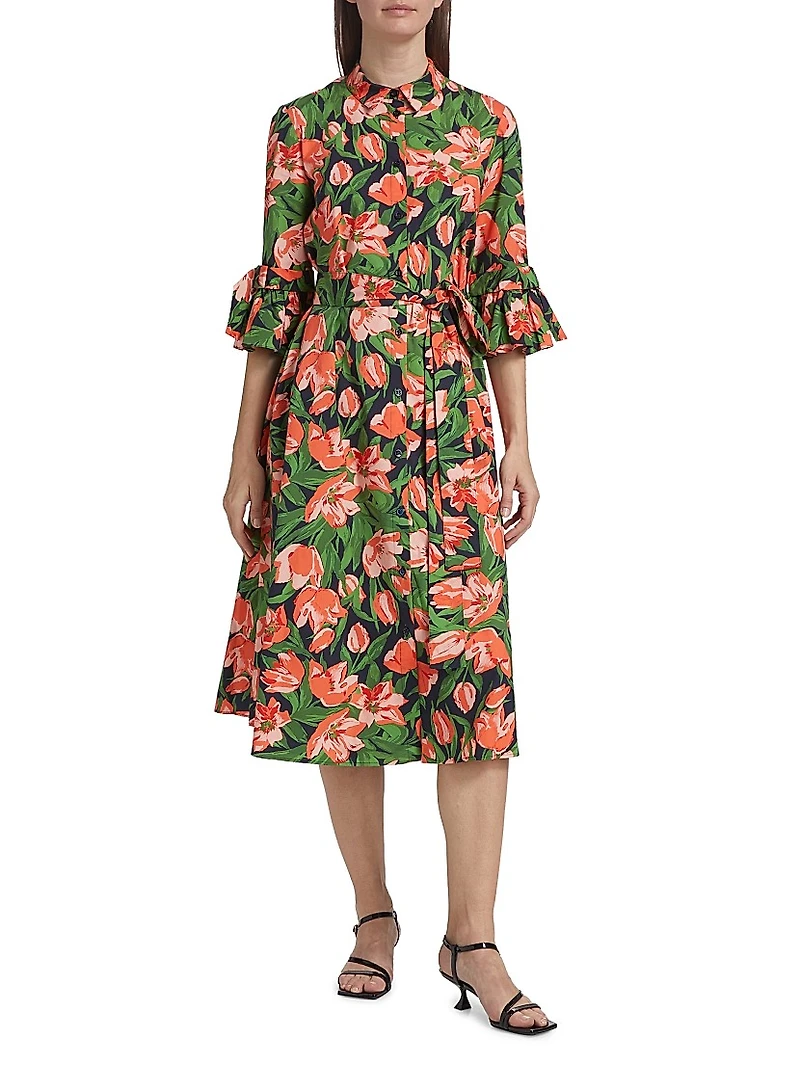 Tulip Stretch Cotton Bow-Sleeve Shirtdress