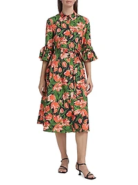 Tulip Stretch Cotton Bow-Sleeve Shirtdress