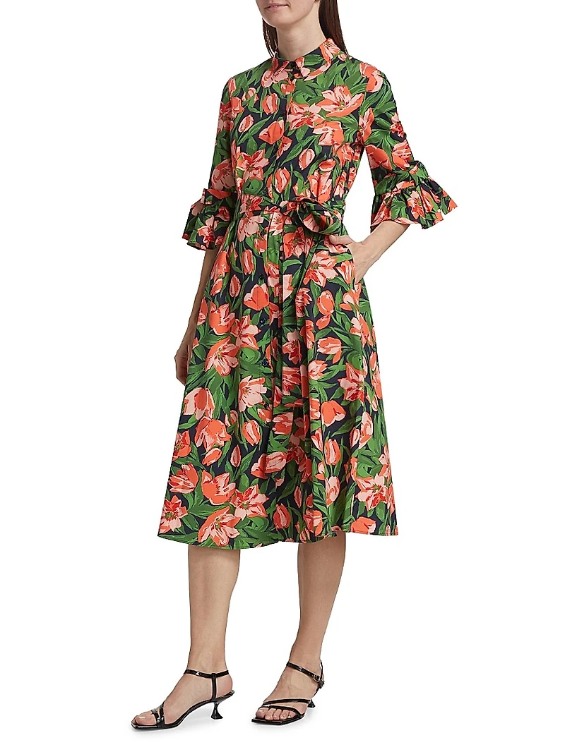 Tulip Stretch Cotton Bow-Sleeve Shirtdress